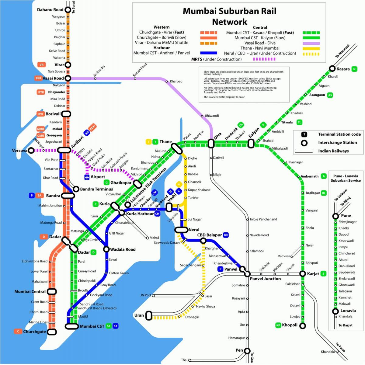 Bombeja vietējo vilcienu maršruta karte